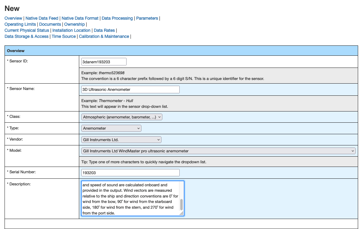 Sensor Overview Form