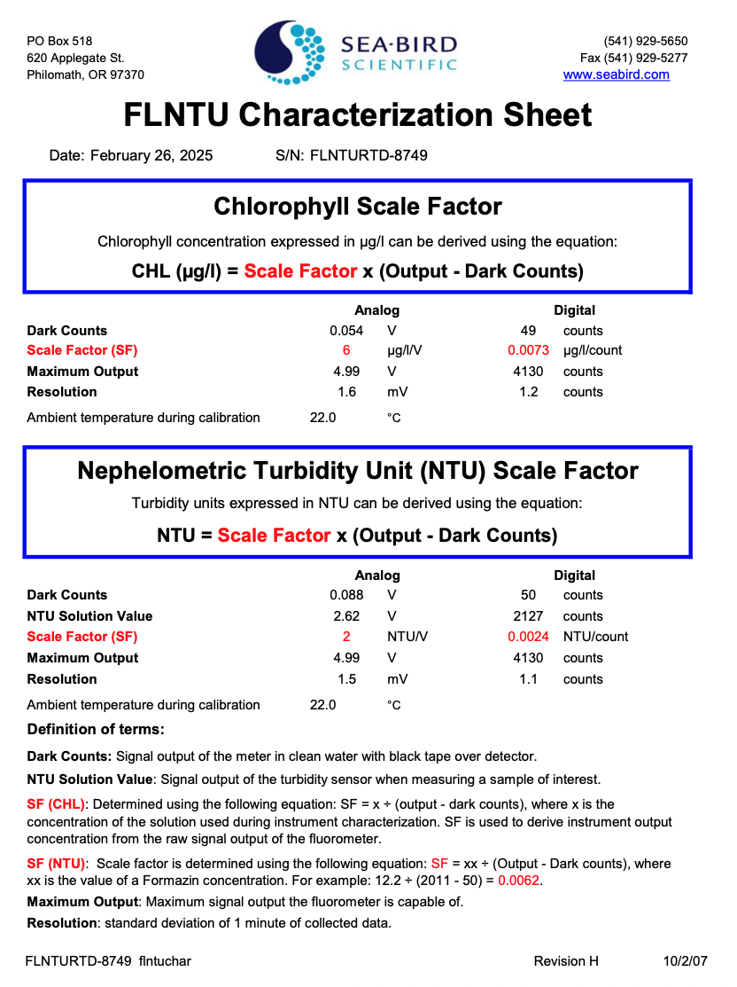 FLNTU example calibration PDF file